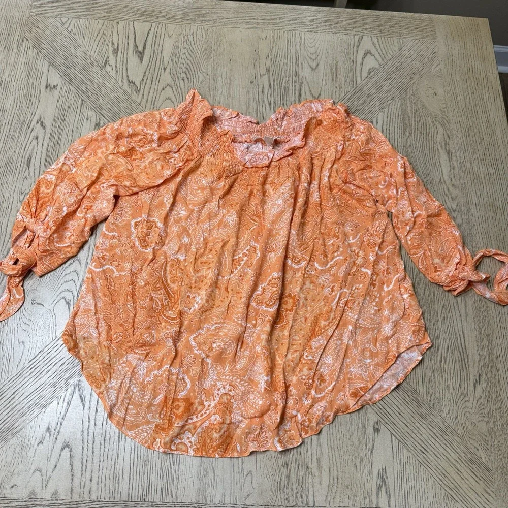 Michael Kors Large Orange Paisley Off The Shoulder Blouse Peasant Top‎